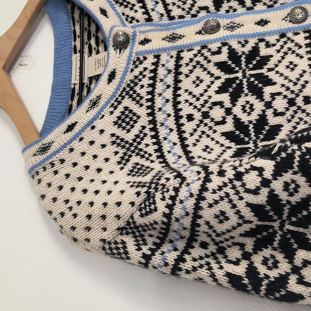 L.L. Bean Cream and Black Blue Nordic Fair Isle 100% Lambswool Cardigan Sz XL Wo - Picture 5 of 17